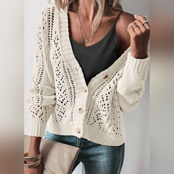 New Boho Open Knit Cardigan Sweater Off White - Picture 2 of 9